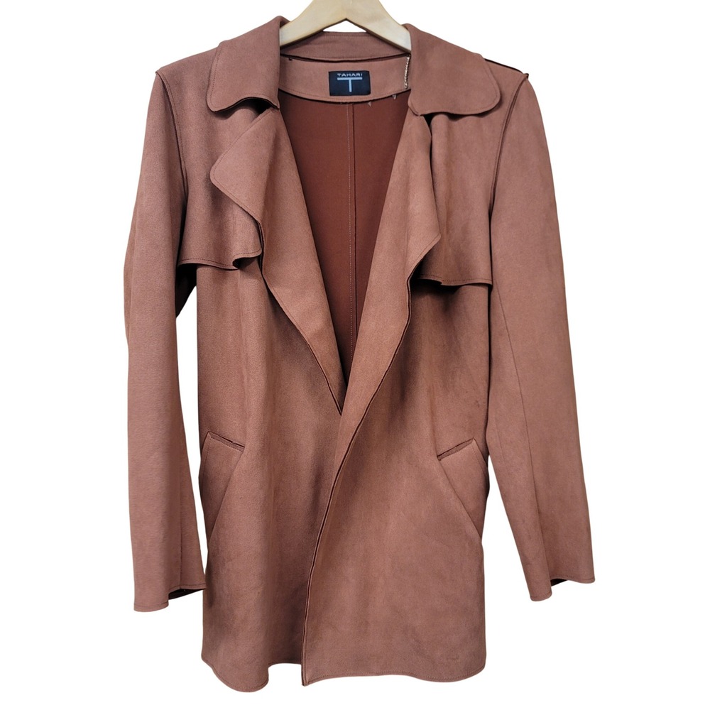 Tahari Faux Suede Draped Open Front Trench Coat Terracotta Rust Brown Belted L